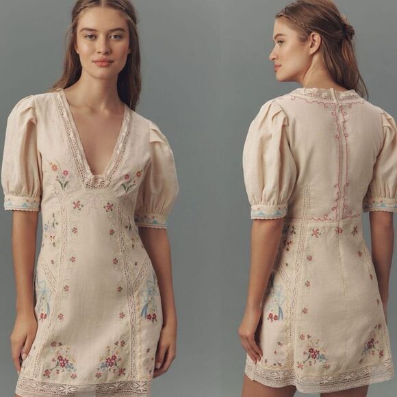 Anthropologie Linen Blend Puff Sleeve v neck mini dress | 6 | NWT New | TikTok t - Picture 5 of 16